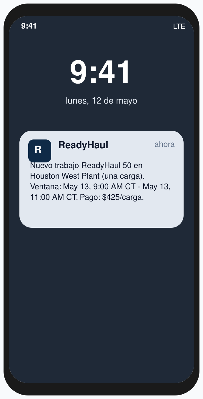 Alerta de ReadyHaul por mensaje sobre un trabajo de transporte de concreto disponible