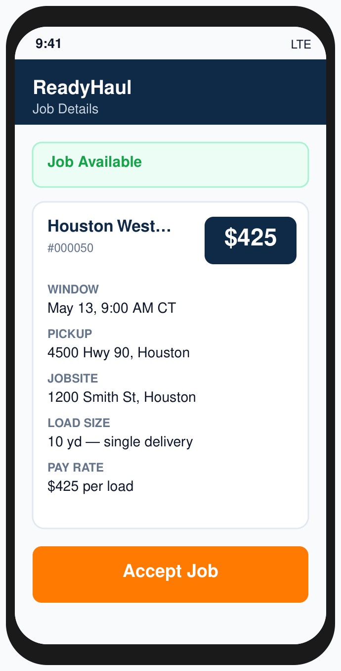 ReadyHaul mobile job details with pickup, jobsite, and driver pay