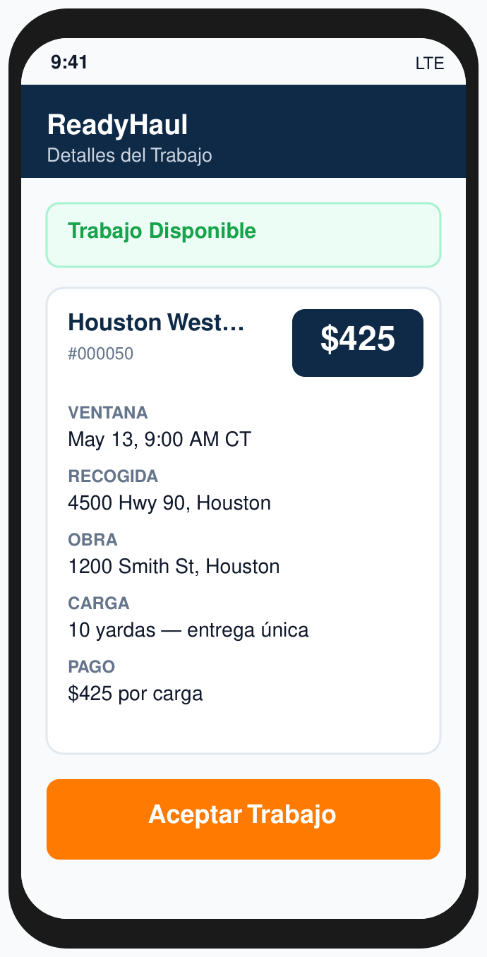 Detalles del trabajo en ReadyHaul con recogida, sitio de entrega y pago del conductor