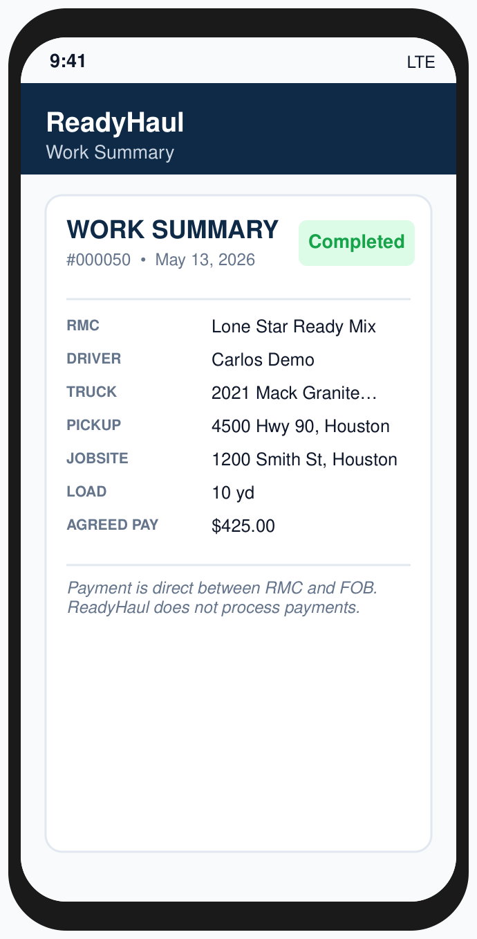 ReadyHaul Work Summary documenting completed hauling work and direct driver pay