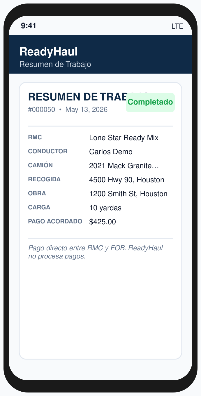 Resumen de Trabajo de ReadyHaul que documenta el trabajo completado y el pago directo